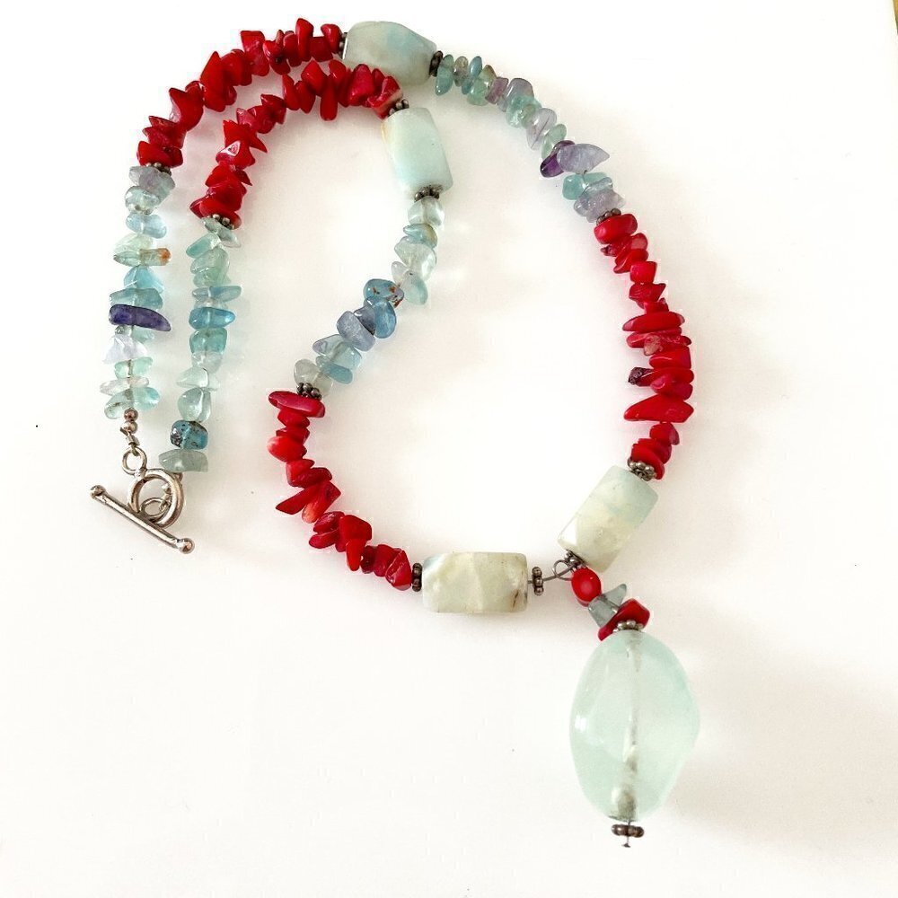 Artisan Hand Made Aquamarine Red Jasper Quartz Toggle Clasp Pendant Necklace